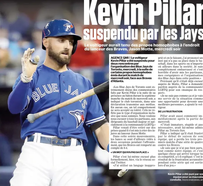  ?? PHOTO D'ARCHIVES, AFP ?? Kevin Pillar a été puni par son équipe pour sa mauvaise conduite.