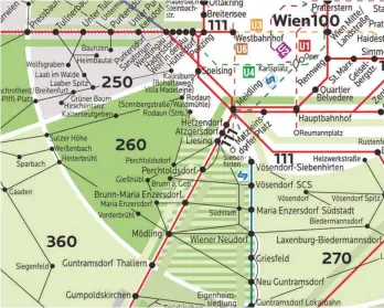  ??  ?? Die VOR-Zoneneinte­ilung (links) ist ab 6. Juli Geschichte, Tarife werden dann streckenwe­ise errechnet. Daraus ergibt sich ein Netz möglicher Fahrtwege (rechts Mödling–Wien).