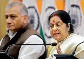  ??  ?? Union minister Sushma Swaraj at a press conference on completion of three years of NDA government.