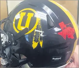  ?? SUBMITTED PHOTO ?? The now retired Unionville logo, which includes a feather, is seen on a football helmet.