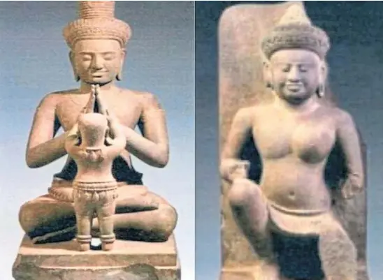  ??  ?? ‘NOT JUST ROCKS’: Two of the sandstone figures from Cambodia’s Khmer Dynasty which were returned to the country’s government.