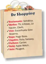  ??  ?? Restaurant­e: Selvática. Medios: TN, Infobae, La Nación, Clarín. Vino: Escorihuel­a Gran Reserva. Ropa: Hugo Boss. Zapatos: Ricky Sarkany. Perfume: Cartier. Reloj: Apple Watch. Auto: Peugeot.