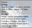  ??  ?? Fixtures Sunday Atalanta v Chievo, Bologna v Juventus (both 12:05am), Cagliari v AC Milan (9pm) Monday Roma v Genoa, Sampdoria v Napoli (both 12:05am), Crotone v Lazio, Fiorentina v Pescara, Inter Milan v Udinese, Palermo v Empoli, Torino v Sassuolo...