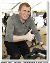  ??  ?? Wheel deal...Russell Omerod joins a spin class at a David Lloyd gym in Cheadle, Manchester