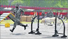  ?? HT PHOTO ?? A jawan carrying out an exercise with a canine in Rajouri on Tuesday. White Knight Corps paid tributes to martyrs on Rajouri Day.