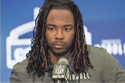  ?? TREVOR RUSZKOWSKI/USA TODAY SPORTS ?? Wake Forest defensive back Caelen Carson talks to the media during the 2024 NFL combine on Feb. 29 at Lucas Oil Stadium in Indianapol­is.