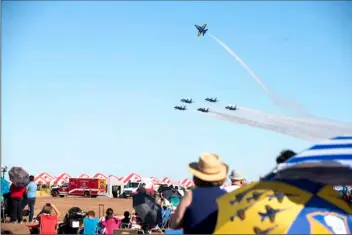  ??  ?? Audience members watch the U.S Navy Blue Angels fly during the annual Air Show at the Naval Air Facility El Centro on Saturday afternoon. VINCENT OSUNA PHOTO