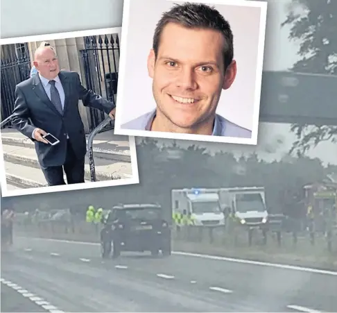  ??  ?? HORRIFIC ACCIDENT: The scene of the high-speed collision on the A9 dual carriagewa­y, just outside Perth. Inset left: Pensioner Brian Raitt who pulled out in front of the family car driven by Chris Burr, right.