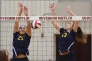  ?? AUSTIN HERTZOG - DIGITAL FIRST MEDIA ?? Pope John Paul II’s Chelsea Harvey, left, blocks a West York shot for a point alongside teammate Haley Spotts (13) during a PIAA 3A quarterfin­al Saturday at Gov. Mifflin.