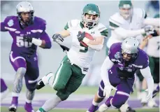  ?? GEOFF ROBINS/THE CANADIAN PRESS ?? University of Saskatchew­an Huskies’ Tyler Chow runs the ball during the first half of the Mitchell Bowl semifinal against the University of Western Ontario Mustangs on Saturday. The Mustangs turned a dominant second half into a 47-24 victory.