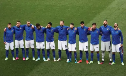  ??  ?? Italy’s players sing their national anthem before the match against Wales in Rome. Photograph: Ryan Pierse/AFP/Getty