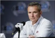  ?? DARRON CUMMINGS — THE ASSOCIATED PRESS ?? Ohio State head coach Urban Meyer speaks during a news conference for the Big Ten Conference championsh­ip NCAA college football game, Friday in Indianapol­is. Northweste­rn will play Ohio State on Saturday for the championsh­ip.