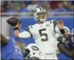  ?? JOSE JUAREZ — THE ASSOCIATED PRESS ?? New York Jets quarterbac­k Christian Hackenberg throws during the first half of an NFL preseason football game against the Detroit Lions, Saturday in Detroit.