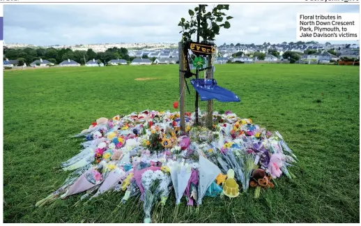  ??  ?? Floral tributes in North Down Crescent Park, Plymouth, to Jake Davison’s victims