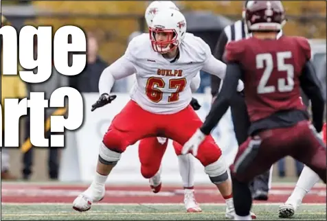  ?? USPORTS PHOTO ?? Offensive lineman Coulter Woodmansey sets up to block for the Guelph Gryphons during a USports game last season. The first-round CFL pick will be doing his blocking now for the Hamilton Tiger-Cats.