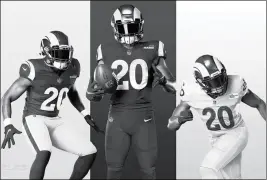  ?? ASSOCIATED PRESS ?? THIS UNDATED GRAPHIC IMAGE released by the Los Angeles Rams NFL football team shows a composite of their new uniforms - two versions of ‘royal,’ from left, and ‘bone’ at right.