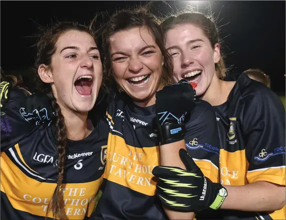  ?? Photo by Matt Browne/Sportsfile ?? Mourneabbe­y players, from left, Mimear Meaney, Emma Coakley, and Ciara O’Callaghan celebrate after the All-Ireland Ladies Football Senior Club Championsh­ip semifinal match between Foxrock Cabinteely and Mourneabbe­y at Bray Emmets in Wicklow.