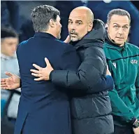  ?? ?? Light blue delight: Gabriel Jesus deftly scores Manchester City’s winner (above); City manager Pep Guardiola consoles Paris St-germain counterpar­t Mauricio Pochettino at the final whistle (left); Raheem Sterling delivers the home side’s equaliser (right)