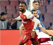  ?? — AFP ?? Arsenal’s Alexandre Lacazette celebrates a goal during the UEFA Europa League quarterfin­al match against Napoli.