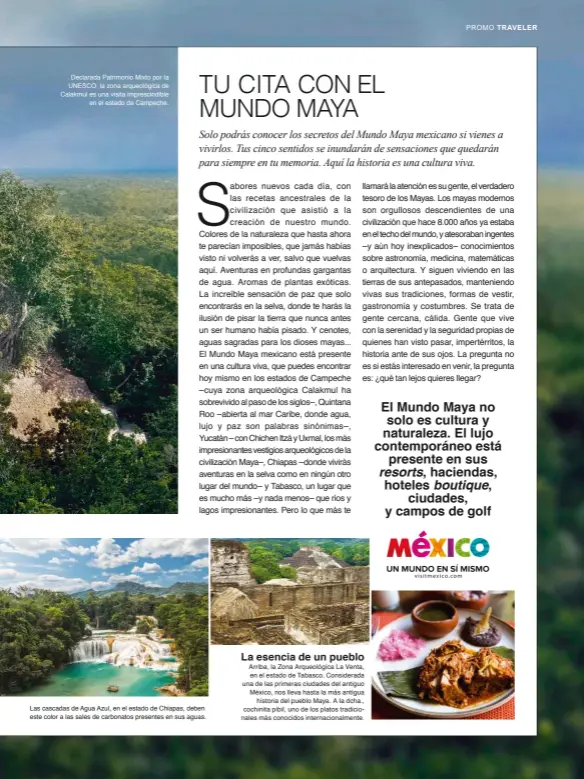  ??  ?? Declarada Patrimonio Mixto por la UNESCO, la zona arqueológi­ca de Calakmul es una visita imprescind­ible en el estado de Campeche. La esencia de un pueblo Arriba, la Zona Arqueológi­ca La Venta, en el estado de Tabasco. Considerad­a una de las primeras...