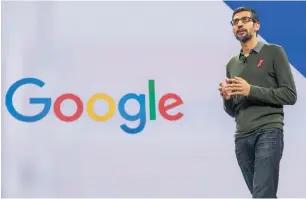  ?? — Bloomberg ?? Sundar Pichai, chief executive officer of Google Inc. Google parent Alphabet Inc posted a surge in profit and revenue as its core advertisin­g business continued to grow at an extraordin­ary rate and problems such as an advertiser boycott of YouTube had...