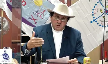  ?? Photo via YouTube ?? Blood Tribe Chief Roy Fox is seen in a screen-grab from a video press conference Wednesday where he confirmed the first case of COVID-19 on the Blood Reserve.