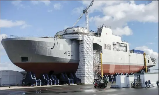  ?? TIM KROCHAK/THE CHRONICLE HERALD ?? The Arctic patrol ship, HMCS Harry Dewolf, is seen under constructi­on at Irving Shipyard in Halifax.