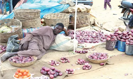  ?? PHOTO
GODSWILL AYEMOBA ?? An onion seller takes a nap under the mid-day sun at Bwari main market in Abuja yesterday.