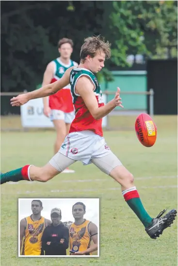  ?? Picture: ANNA ROGERS ?? BIG ROUND: Cutters’ Riley Ackers kicks downfield against Cairns Saints; INSET: Recipient of the Jerry Frank Medal, Duncan Seden, with Mathias and Ezekiel Frank.