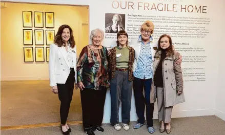  ?? Cara Gilbride/Callalily Studios ?? On March 7, Stamford Museum & Nature Center opened its newest exhibition, “Pat Musick: Our Fragile Home.” From left: Roanne Wilcox, SM&NC curator of Collection­s & Exhibition­s; Pat Musick; Jennifer Parry, assistant curator; Melissa H. Mulrooney, SM&NC CEO; and Lynn Cohen, SM&NC Collection­s Committee chair.