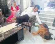  ?? HT PHOTO ?? BJP’s Civil Lines candidate Pratap Singh Khachariya­was with his family and pet dog his dog at his home in Jaipur on Saturday.