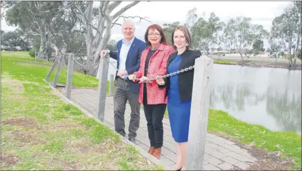  ??  ?? RIVER MONEY: From left, Deputy Prime Minister Michael Mccormack, Nationals candidate for Mallee Anne Webster and Victorian Member for Lowan Emma Kealy at Horsham’s Sawyer Park. Picture: DEAN LAWSON