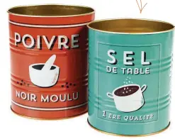  ??  ?? Choose retro-style tins and pots to store cutlery and utensils and display on open shelving
Salt and Pepper storage tins, £6.95 for a set of two, Rex London