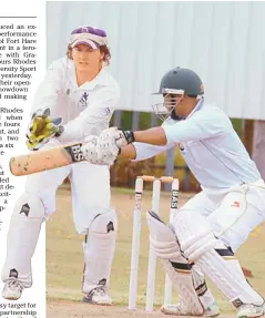  ?? Picture: SAM MAJELA2 ?? LET’S DANCE: Rhodes wicketkeep­er Sean Cresswell looks on as Fort Hare’s Jerry Nqolo cuts a delivery during their Ussa Week cricket match at Gelvandale yesterday