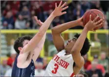  ?? TOM BOLAND — MEDIANEWS GROUP ?? Wilson’s Stevie Mitchell shoots against North Penn’s Mike Chaffee in the Bulldogs’ 49-39 win over North Penn Saturday at Kutztown University.