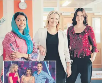  ??  ?? Sunetra, above, with former Eastender mate Jo Joyner and Liz White in Ackley Bridge and, left, in Strictly Come Dancing.