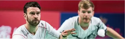  ??  ?? The spoilers: England’s Marcus Ellis (right) and Chris Langridge ended the impressive run of unheralded Danish pair Joel Eipe-Rasmus Kjaer in the semi-finals of the Denmark Open. — Reuters