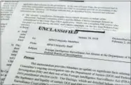  ?? THE ASSOCIATED PRESS ?? A intelligen­ce memo is photograph­ed in Washington. After President Donald Trump declassifi­ed the memo, the Republican-led House Intelligen­ce Committee released the memo based on classified informatio­n that alleges the FBI abused U.S. government...