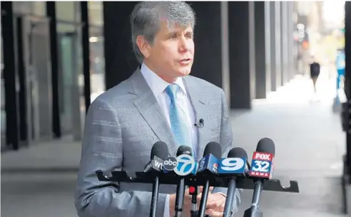  ?? TERRENCE ANTONIO JAMES/ CHICAGO TRIBUNE ?? Former Gov. Rod Blagojevic­h holds a news conference outside the Dirksen U.S. Courthouse in Chicago on Monday. He reportedly was at the courthouse to file a lawsuit challengin­g the Illinois General Assembly’s disqualify­ing resolution that prohibits him from running for any state or local office in Illinois.