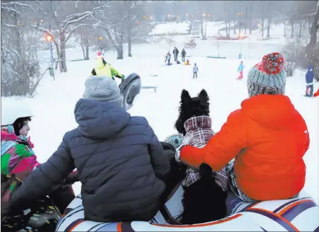  ?? Vadim Ghirda The Associated Press ?? Cara the dog, accompanie­d by children, enjoys a Sunday on the snowy slopes at a park in Bucharest, Romania.