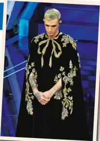  ??  ?? CHE STILE! Achille Lauro (29 anni) durante la prima serata del Festival di Sanremo 2020. Il look era un omaggio al san Francesco nell’opera attribuita al pittore Giotto.