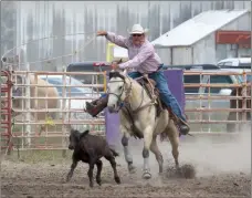  ?? Tim Conover ?? Rusty Kluender of Broken Bow, pictured above, competed in Calf Roping Saturday afternoon in Sumner but ended up with a no time.