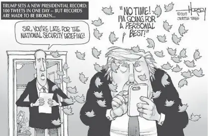  ?? DAVID HORSEY/THE SEATTLE TIMES ?? A satirical paper intended to demonstrat­e the folly of data mining by claiming statistica­lly significan­t correlatio­ns between Donald Trump tweeting the word “president” and the S&P 500 index two days later was instead taken seriously by an academic journal.