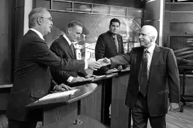  ?? Darryl Webb, Associated Press file ?? U.S. Sen. John Mccain, R-ariz., right, shakes hands with Libertaria­n Senate candidate David Nolan, left, after greeting Green Party candidate Jerry Joslyn, second from left, and Democrat Rodney Glassman on Sept. 26, 2010, before a debate at KTVK television studios in Phoenix.