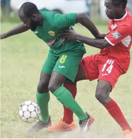  ?? FILE ?? Humble Lion’s Craig Foster (left) in action against Ricardo Dennis of Boys’ Town during a recent Red Stripe Premier League match.