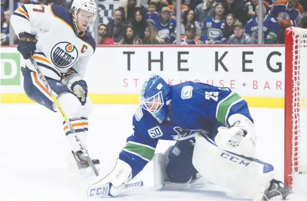  ?? — THE CANADIAN PRESS FILES ?? If centre Connor McDavid and the Oilers faced goaltender Jacob Markstrom and the Canucks in the NHL playoffs this year, Vancouver would be considered the underdog — even though the Canucks went 2-2-0 in the regular season series against Edmonton.