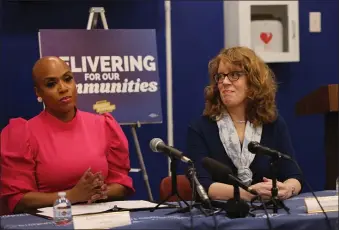  ?? NANCY LANE — BOSTON HERALD ?? Congresswo­man Ayanna Pressley and Boston Marathon bombing survivor Manya Chylinski discuss the Post Disaster Mental Health Response Act on Tuesday.