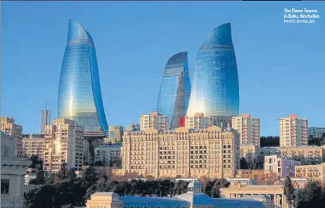  ?? PHOTOS: GEETIKA JAIN ?? The Flame Towers in Baku, Azerbaijan
Artist Faig Ahmed’s reimagined carpet installati­on at the Heydar Aliyev Centre