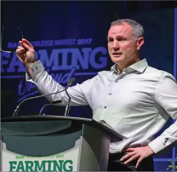  ??  ?? National Hockey League Hall of Fame defenceman Paul Coffee shared some stories from his playing days during the BASF Knowledge Harvest 2017: Farming Out Loud event on March 9.