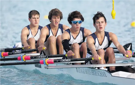  ?? PHOTO: SHARRON BENNETT ?? Mission accomplish­ed . . . The Otago Boys High School under16 quadruple sculls crew of (from left) coxswain Brady Findlater (obscured), Peter Rowe, Oliver Haig, Jack Webber and Harrison Ryan compete in their Maadi Cup semifinal at Lake Ruataniwha,...